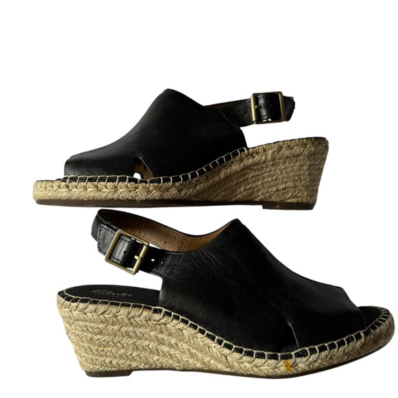 Clark’s - Artisan Black Leather Espadrille Wedge Sandals Sz 9 - Picture 9 of 12